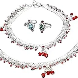 br ornaments White Crystal Red Moti Anklet With Pair of Midi Toe Ring or lace ankle bracelet for women, Bridal Indian jewelry, wedding gift for her-picture-46