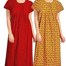 AALIT Nighty for Women Cotton Printed Maxi Gown Ankle Length Nighty Night Dress Gown for Women Maxi - Free Size (Pack of 2) (Free Size, Red Yellow)-picture-14