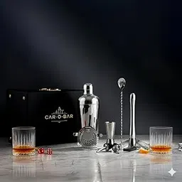 Car-O-Bar Silver Bar Set with Glasses Gift Set | 12 Pieces Bartender Kit:Cocktail Shaker, Bar Spoon, Jigger, Muddler, Strainer, Wine & Beer Bottle Opener, 2 Pour Spouts, Tong, Set of 2 Whiskey Glasses-picture-34