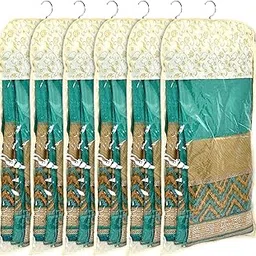 Kuber Industries Metalic Print Waterproof Clothes Storage Bag|Wardrobe Hanging Protective Cover|Zipper Dust Cover Suitable for Wardrobe Storage and Travel Pack of 6 (Gold) image 1