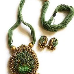 sanaa's terracotta jewellery womens Handmade in Peacock pendant rope necklace set in Green&Gold-picture-25