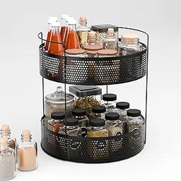 Kuber Industries 2-Tier Metal Round Kitchen Rack Stand Organiser | Countertop Organizer Kitchen Bathroom Standing Rack | Spice, Oil, Masala, Cosmetics & Bathroom Vanity Storage Rack Shelf | Black-picture-31
