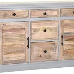 Sideboard Cabinet, Grey and Natural Wood, 3 Drawers and Louvered Doors, Storage Console with Crown Molding-picture-13