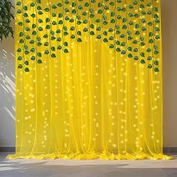Party Propz Yellow Backdrop for Decoration - 8 pcs Haldi Decoration Items for Home, Backdrop for Pooja Decorations, Haldi Backdrops Decorations Set (Satin Net Mix Curtain Fabric, Led Light 9m, Leaves)-image-62