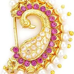 bevogue Traditional Maharashtrian Nathani Nosepin for Women | Brass Gold Plated Nose Jewellery with Pink & White Stones and Pearls | Ethnic Peacock-Inspired Design | Ideal Festive Gift & Party Gift Choice (NAT4127)-picture-27
