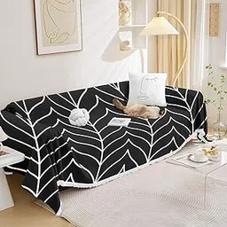 Lukzer Multi-Functional Chenille 3 Seater Sofa Throw Blanket with Fringes Thick and Super Soft Decorative Couch Cover Bed Protector (Black Stripes Design/180x260cm)-image-62