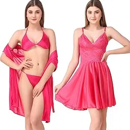 romaisa Women's Satin Solid Above Knee Length Nighty, Wrap Gown, Bra and Thong (Size - Free Size) (Nightwear Set Pack of 4) image 1