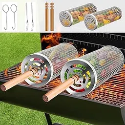 VATTU BBQ Basket (1PCS), Rolling Barbecue Basket 304 Stainless Steel Removable Wooden Handle, Rolling Barbecue Mesh, Barbecue Accessory Tool for Vegetable Shrimp, Outdoor Cooking Camping-picture-15