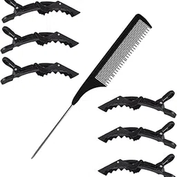 VEDETIC® Combo Of 1 Pcs Tail Comb With 6 Pcs Hair Section Clips Alligator Hair Dividing Clips for Salon Black Plastic Crocodile Sectioning Pins Non-Slip Grip For Women-picture-14