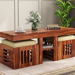 LIZZAWOOD Solid Sheesham Wood Coffee Table with 2 Stool, Small Space Coffee Table with Natural Color (Honey2) image 1