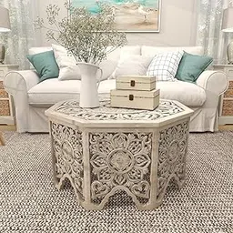 Decor Delights Wooden Floral Handmade Living Room Coffee Table Intricately Carved Table with Hollow Interior, Center Table 33" x 33" x 18", Light Gray-image-14