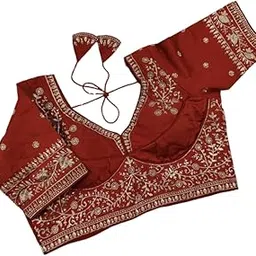 amru creations Women's Red Embroidered Taffeta Silk Blouse – Designer Readymade Saree Blouse with Half Sleeves & Back Tie-Up Dori – Traditional Indian Ethnic Wear-picture-10