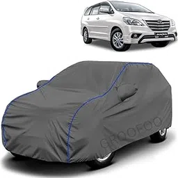 GROOFOO Water Resistant Car Body Cover with Mirror Pockets Compatible with Toyota Innova | Triple Stitch Blue Piping Car Cover UV & Dust Proof All-Weather Protection, Adjustable Buckle (Grey)-picture-10
