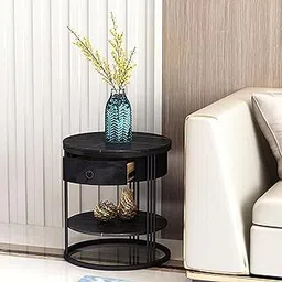 AI Crafts Modern Round End Table,Metal Nightstand Coffee Table, Sofa Side Snack Table with Marble Look Top,Drawer, Shelf,2 Tier Style Table for Living Room Bedroom (Black)-image-3