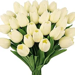 MACTING 30 PCS Artificial Tulip Flowers 13.7" Real Touch Fake PU Tulips Bouquet Faux Flowers for Floral Arrangements Table Centerpiece Kitchen Home Indoor Outdoor Summer Decorations(Cream)-picture-38