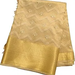 Women's Banarasi Kanjivaram Tissue Gold and Silver Saree With Floral Motifs Leaf and Line Embroidery Different Embroidery Soft Transparent Sadi Elegent Thread Work on Sari Zari Resham EMB-image-34