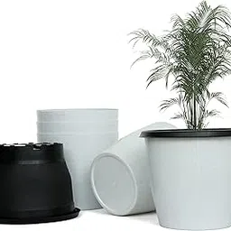 Livzing 10 Inch Plant Pot Pack of 5 (10 Pots) | Self Watering Indoor Pot | White Dot Outer and Black Inner Flower Pot | UnFadable - Low Maintenance Gamla | Suitable for Home Indoor and Balcony Plants image 1