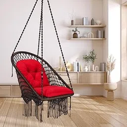 Patiofy Super Comfy Premium Swing for Adults/Jhula for Adults/Swing for Living Room/Swing for Balcony/Swing Chair/Swing for Adults for Home/Jhoola with Hanging Kit & Red L Shape Cushion-Brown-picture-25