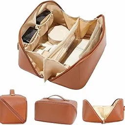 PAVILONN Premium PU Leather Vanity Bag | Travel Makeup Organizer Pouch | Large Capacity Cosmetic & Toiletry Case | Elegant Brown Makeup Storage Bag-image-24