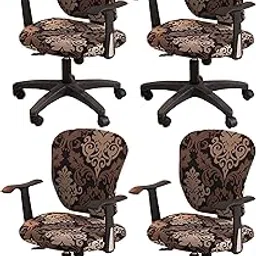 House of Quirk Polyester Spandex Stretch Print Computer Office Chair Cover, Removable Washable Universal Desk Rotating Chair Slipcover (Black/Brown Motifr, Pack of 4)-image-3