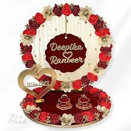 It's a Match Round Engagement Ring Platter, Decorative Plate, Ring Tray, Red, Maroon, Golden, Floral Pattern, Modern Style, Engineered Wood, Velvet-picture-35
