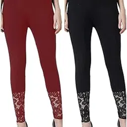 made4good Women's Athletic Leggings, High Waist, Stretch Fit, Lace Detail, Ankle Length, Workout Yoga Pants Black-Maroon Pack of 2-picture-42