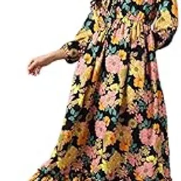 femvy Women's Floral Printed Maxi Gown | Tie-Up Neck, Puff Sleeves, A-Line Long Gown for Casual, Party 220(16)-picture-13
