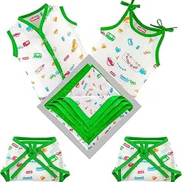 BUMSIES New Born Baby Gift Set, 100% Cotton - 1 Printed Cotton Sleeveless Vest, 1 lace tie Slip, 2 Cotton Cloth Lace Nappy & 1 Double Layer Swaddle Blanket, Pack of 5 (Traffic Print 0-3 Months)-picture-14