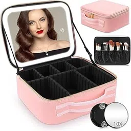 Makeup Organizer Bag for Women, Girls & Bride - Travel Cosmetic Brushes Storage Kit with Removable 3 LED Lighting Mirror and Adjustable Compartments - Toiletry Vanity Box (Rose Gold)-picture-23