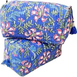 Jaipur Textiles, Hand Block Printed Cotton wash Bags, Toiletry Bags, Cosmetic Pouches, Makeup Kit, Travel Pouches, Vanity Bags| Qty - Set of 2PCS, Pink Blue Floral-picture-17
