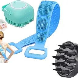3pcs Combo of 3-in-1 Silicone Body Massage Bath Brush with Soap Dispenser and Silicon Body Back Scrubber & Massager for Deep Cleaning, Exfoliating& Massaging Hair Scalp & Body(Multicolor)-image-4