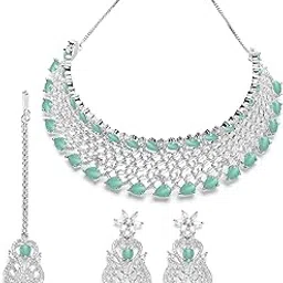 karatcart Light Green American Diamond Silver Plated Choker Necklace Set for Women-picture-35
