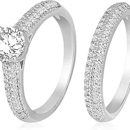 peora Silver Plated Cubic Zirconia Studded Solitaire & Eternity Finger Ring Set Anniversary Engagement Jewellery Gift For Women Girls, Size_7-picture-20