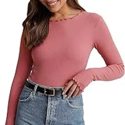 redamancii Solid Round Neck Full Sleeve Regular Fit Casual Ribbed Top for Women-picture-29