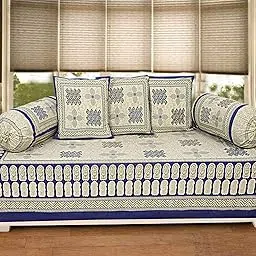200 TC Cotton Printed Floral Pattern Blue Diwan Set(Set of 6)-picture-34