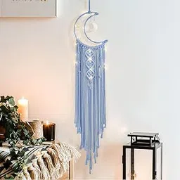 Zazzish House - Handmade Macrame Star Moon Dream Catcher Boho Wall Hanging Decor, Best Gift for Girls, Friends, Marriege Party, Home, Bedroom, Living Room Decoration (*Without Light*) (Blue)-image-27
