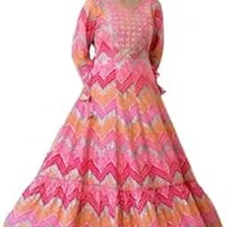 Women's Ethnic Anarkali Maxi Dress Set of 5, 3/4 Sleeve Floor Length Gowns in Pink Chevron, Turquoise Chevron, and Maroon Navy Blue, Black Floral-picture-32