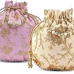 kuber industries Pack of 2 Potli Bags for Ladies & Girls | Shagun Pouches for Festive Seasons | Embroidery Batwa Bag Bridal Purse -Cream & Light Pink image 1