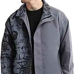 showoffff SHOWOFF Men's Spread Collar Grey Typography Tailored Oversized Jacket -J105_Grey-picture-27