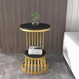 The Flourish Round Coffee Table 2-Tier Corner Table Living Room Balcony Bedroom Decorative Flower Pot Stand Sofa Side Corner Table 40 x 40 x 50 cm Sofa Side Tables for Home and Furniture-Gold Black-image-3