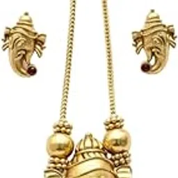 dvina glow Latest Traditional Ganesha Pendant Necklace Set for Women | Antique Gold Plated Short Haram with Earrings | Temple Jewelry Design with Red & Green Stones | Festive Ethnic Necklace Set-picture-34