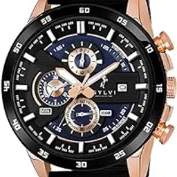 sylvi Luxury Business Casual Party-Wear Steel Strap Chronograph Date Display Watch for Men | Working Chronograph Watch for Men - 556 Blue RG Steel-picture-42