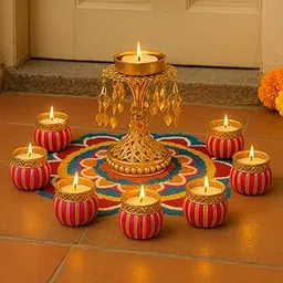 Golden Stand Candle Holder with 7 Pink Shine Glow Bangle Tea Light Holders | Decorative Tealight Set for Diwali, Weddings, Pooja & Home Décor-image-78