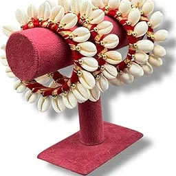 Shell Bangles Set with White Cowrie Shells, Traditional Style, Maroon Base, 4 Pieces-picture-12