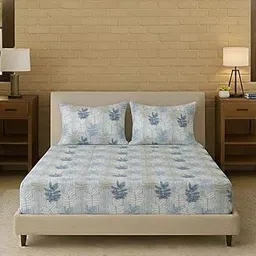 Trance Home Linen 100% Cotton 180 TC 72"X72" King Bed Size Elastic Fitted Bedsheet | Printed Double Size Bed Elasticated Fitted Bedspread With 2 Pillow Covers (72X72 Inch, Ferns Blue)-picture-29