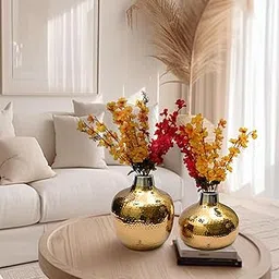 Metalliocn Elegant Hammered Iron Matki Silver Vase with Gold Ring Set – Modern Decorative Accent Pieces for Home and Office, Set of 2 (8" & 5.5" Tall) (Gold)-picture-54