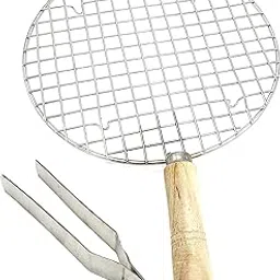 Epraiser Premium Stainless Steel Food Grade Wooden Handle Round Roaster with Heavy SS Tong Papad Jali Grill Tandoor for Papad Barbeque Items Baingan Bharta Pizza Roti Toast Etc-picture-38