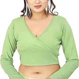 shasmi Women's & Girls' Solid Ribbed V Neck Collarless Full Sleeve Slim Fit Simplicity Blouse for Women (Blouse 54 White XL)-picture-21
