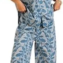 say TealColorPure Cotton Tropical Shirt Collar Night Suit for Women-picture-19