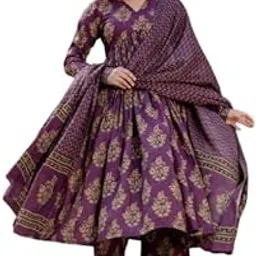vidusha Women's Floral Printed Kurti Pant Set with Dupatta, Purple and Gold Traditional Ethnic Wear, V-Neck Long Sleeve Design-picture-18